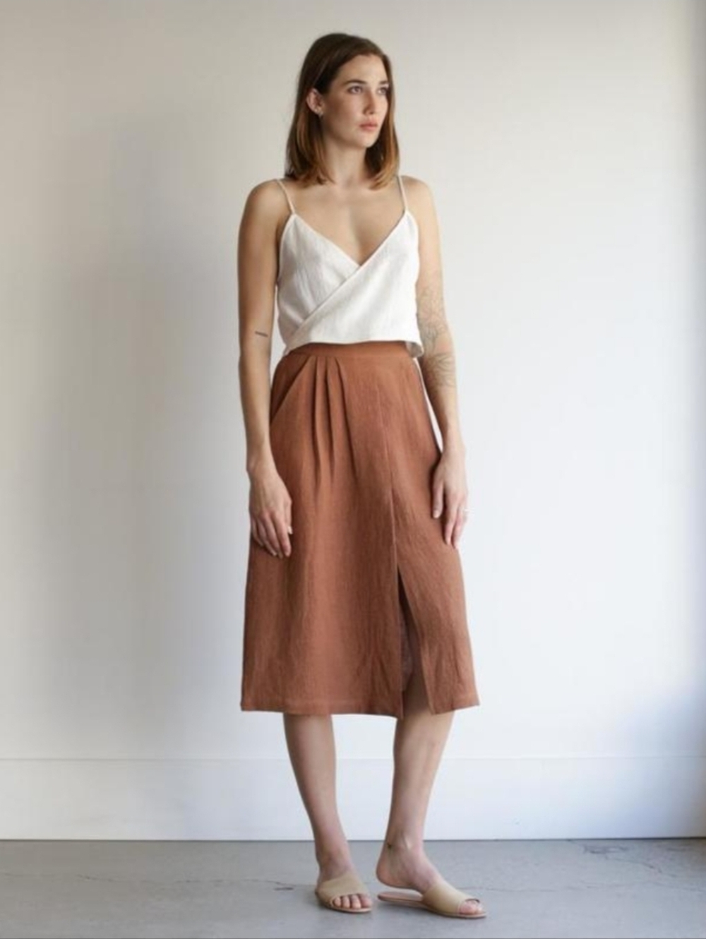 First Lite Linen Blend Rust Brown Midi Skirt with Front Pleat Size XS